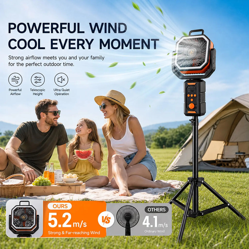Portable Camping Tent Fan with Extendable Stand & Emergency Light