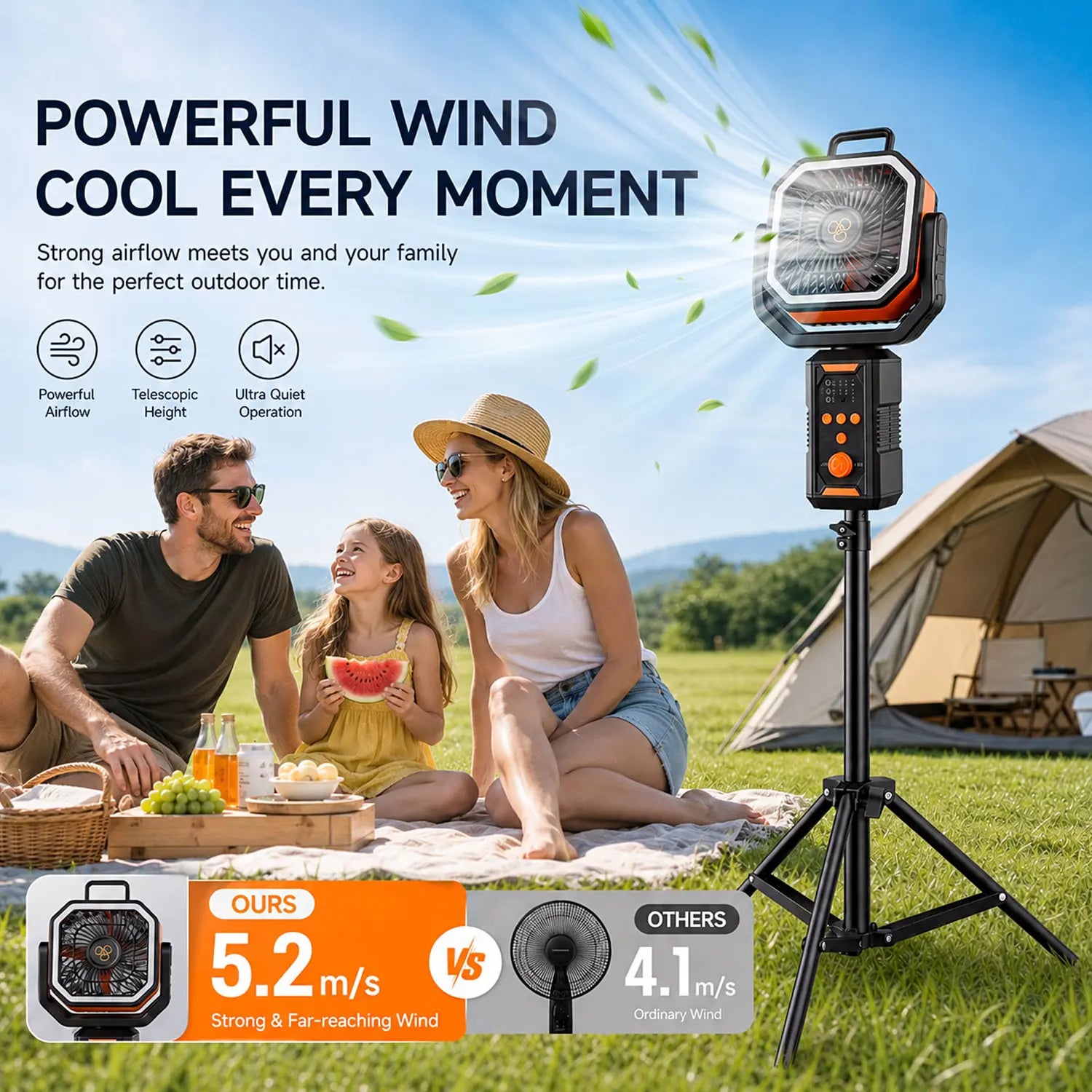 Portable Camping Tent Fan with Extendable Stand & Emergency Light