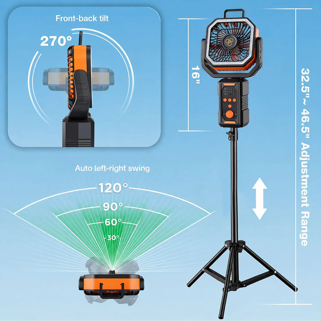 Portable Camping Tent Fan with Extendable Stand & Emergency Light