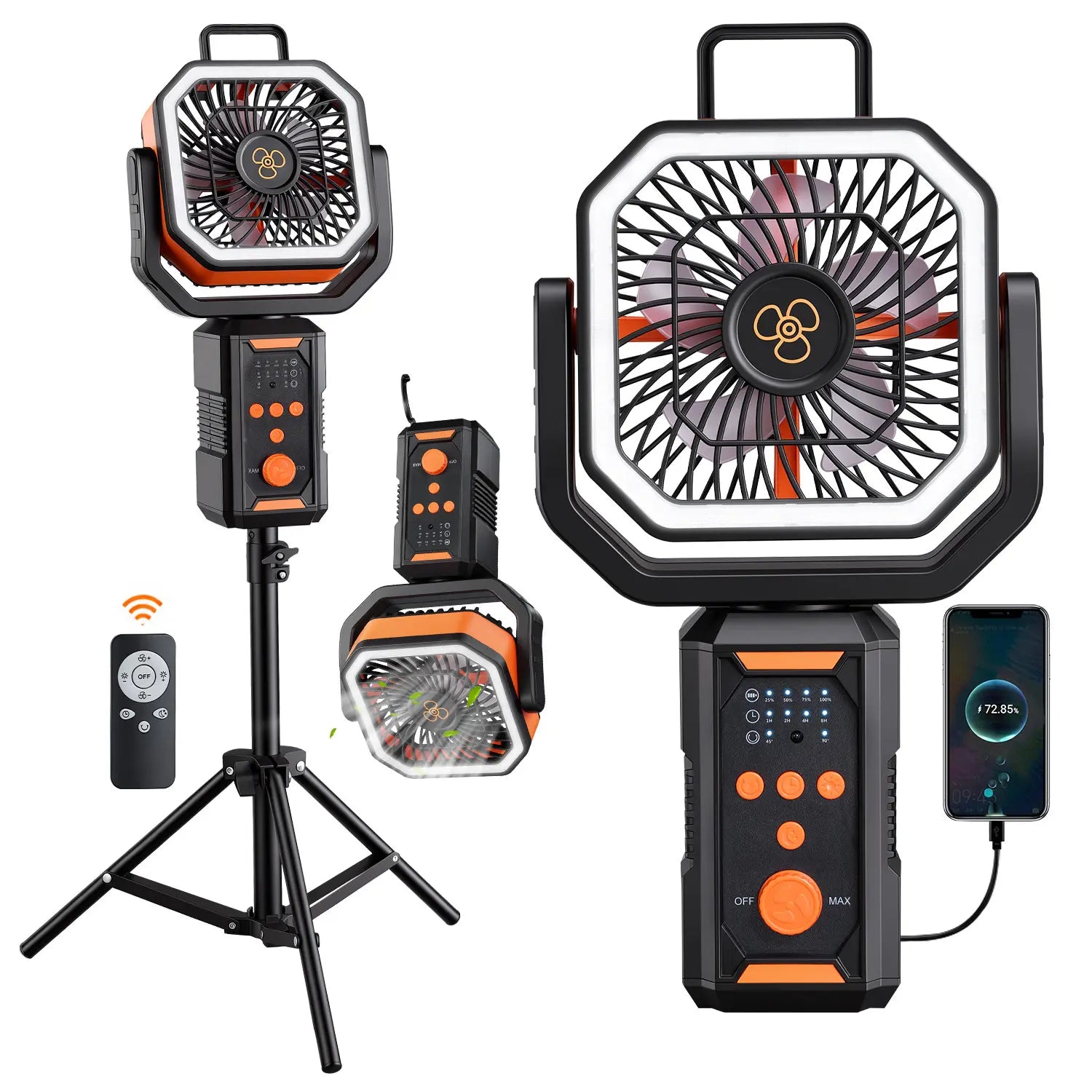 Portable Camping Tent Fan with Extendable Stand & Emergency Light