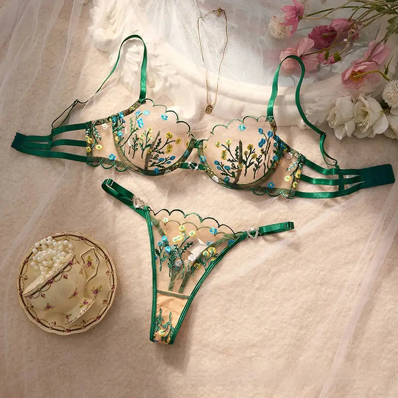 Embroidered Mesh Lingerie Set - Underwire Bra & Panty