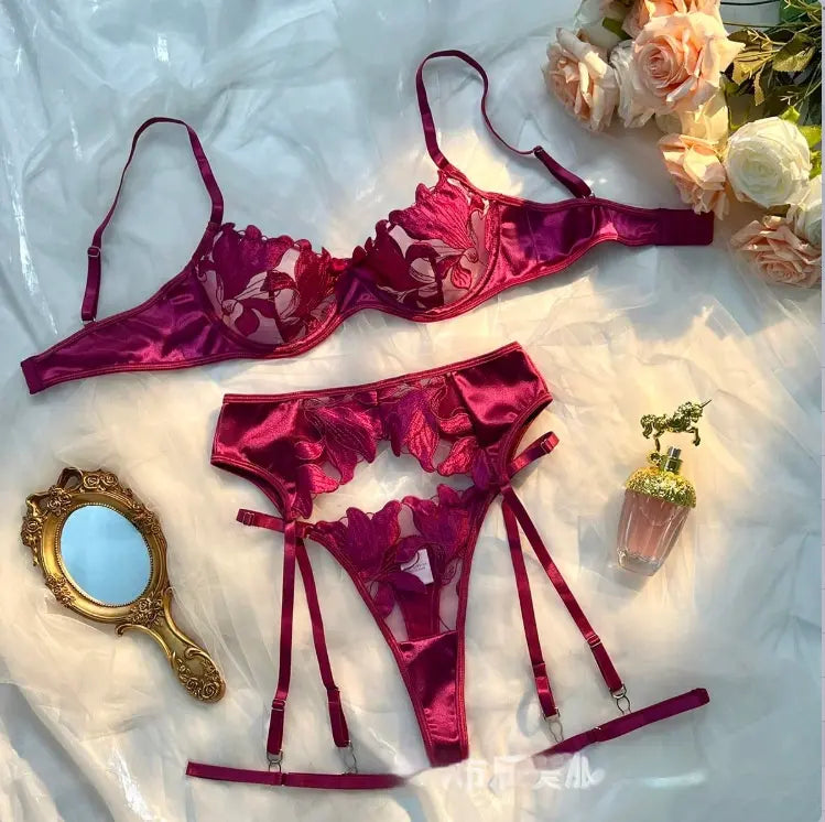 Sexy 3-Piece Floral Lace Lingerie Set - Underwire Bra & Garter Belt【S】