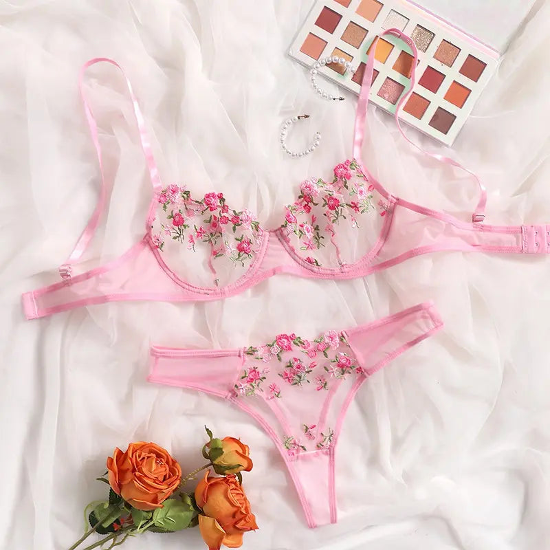 Sexy Embroidered Mesh Lingerie Set | Sheer Underwire Bra