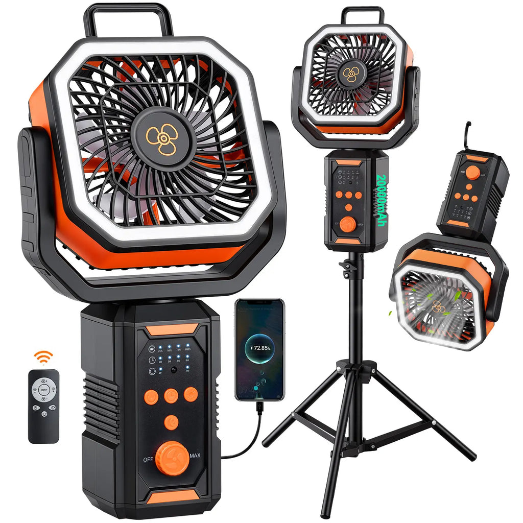Portable Camping Tent Fan with Extendable Stand & Emergency Light